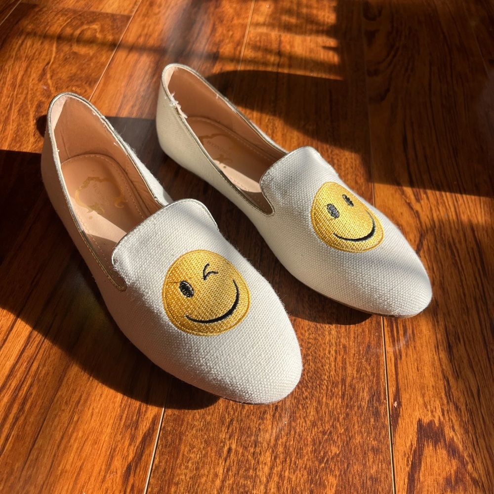White Canvas Loafers with Smiley Design